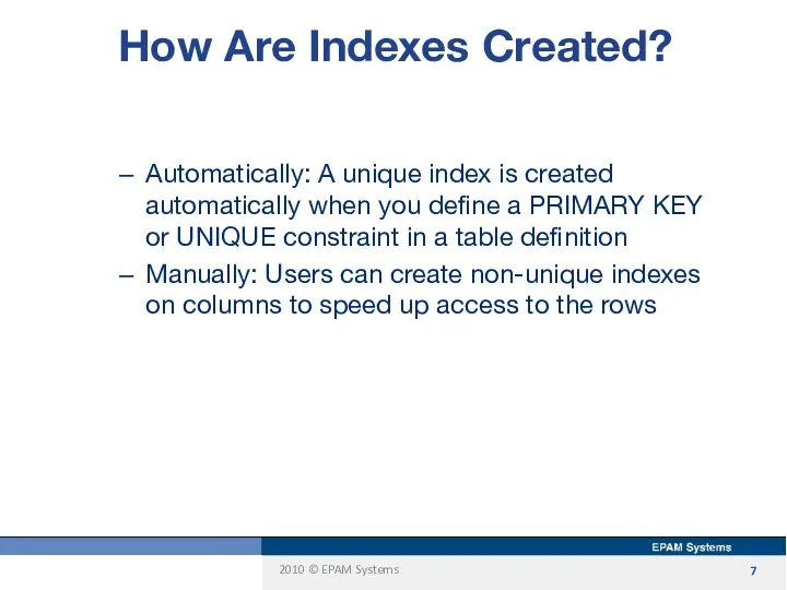 Automatically: A unique index is created automatically when you define