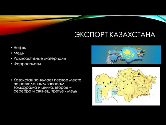 ЭКСПОРТ КАЗАХСТАНА Нефть Медь Радиоактивные материалы Ферросплавы Казахстан занимает первое