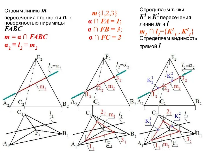 Строим линию m пересечения плоскости α с поверхностью пирамиды FABC