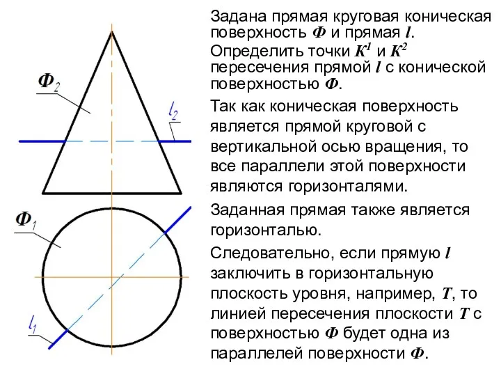 Задана прямая круговая коническая поверхность Ф и прямая l. Определить