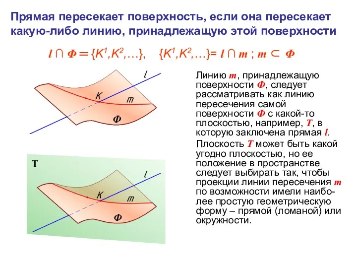 Линию m, принадлежащую поверхности Ф, следует рассматривать как линию пересечения