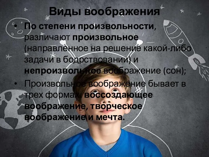 Виды воображения По степени произвольности, различают произвольное (направленное на решение