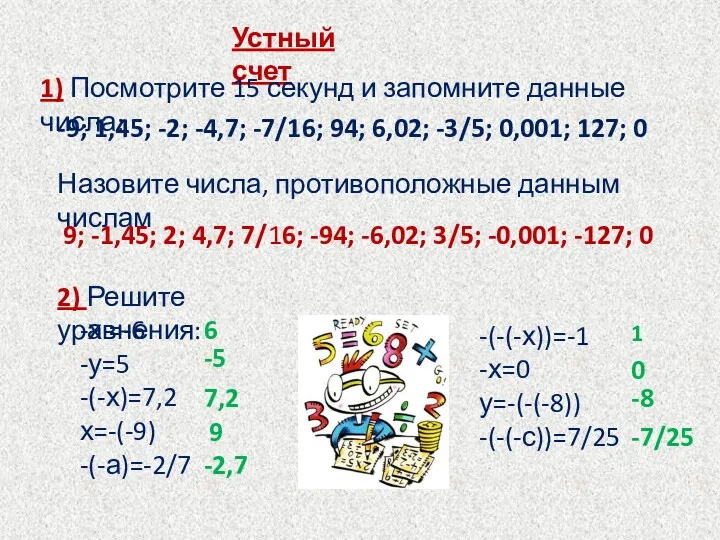 Устный счет 1) Посмотрите 15 секунд и запомните данные числа: