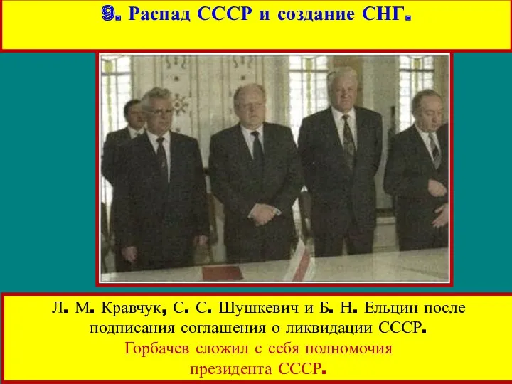 Л. М. Кравчук, С. С. Шушкевич и Б. Н. Ельцин после подписания соглашения