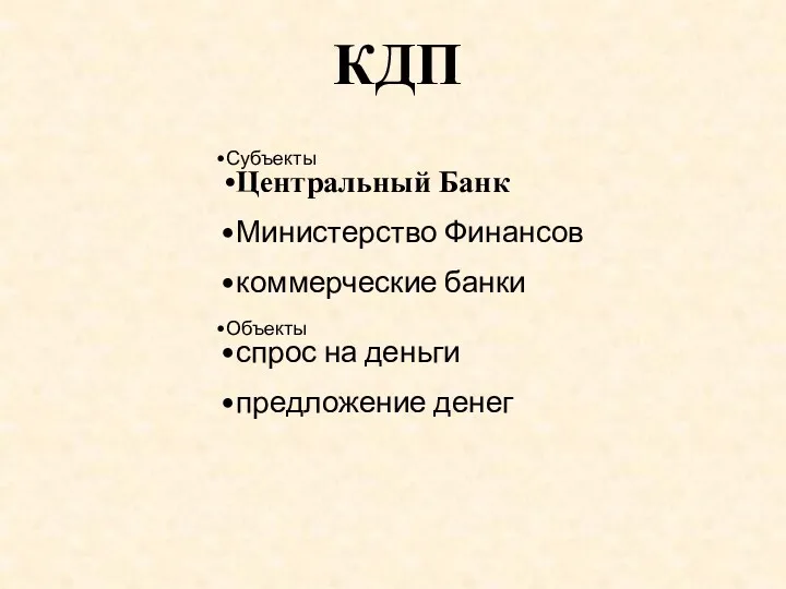 Субъекты Центральный Банк Министерство Финансов коммерческие банки Объекты спрос на деньги предложение денег КДП