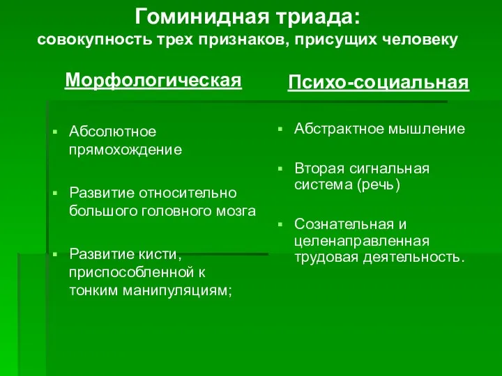 Морфологическая Абсолютное прямохождение Развитие относительно большого головного мозга Развитие кисти,