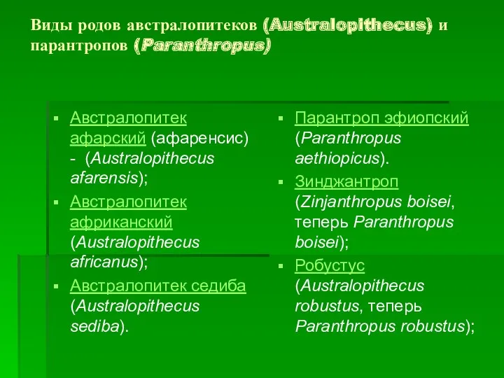 Виды родов австралопитеков (Australopithecus) и парантропов (Paranthropus) Австралопитек афарский (афаренсис)