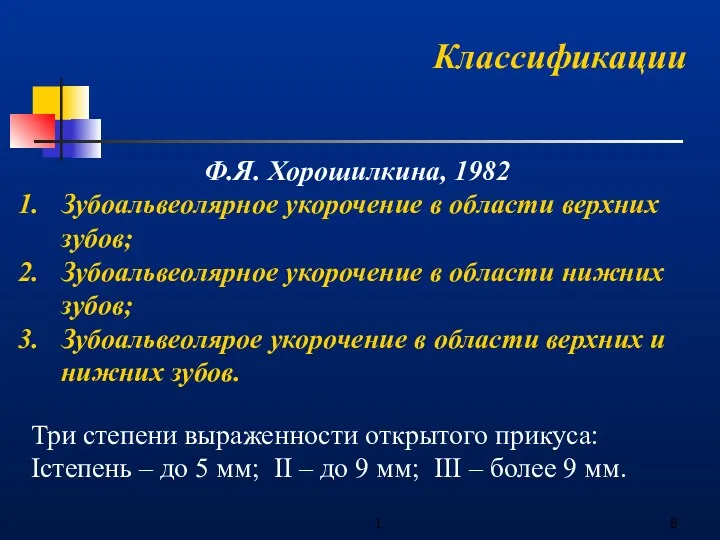 1 Классификации Ф.Я. Хорошилкина, 1982 Зубоальвеолярное укорочение в области верхних