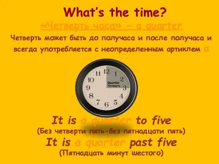 What’s the time? «Четверть часа» - а quarter Четверть может