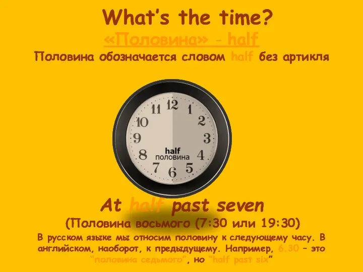 What’s the time? «Половина» - half Половина обозначается словом half