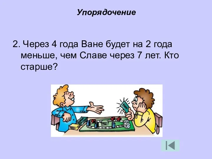 2. Через 4 года Ване будет на 2 года меньше, чем Славе через