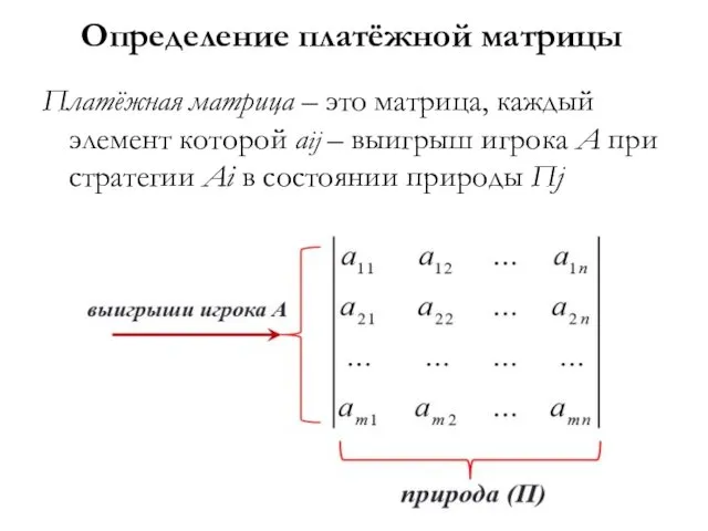 Определение платёжной матрицы Платёжная матрица – это матрица, каждый элемент