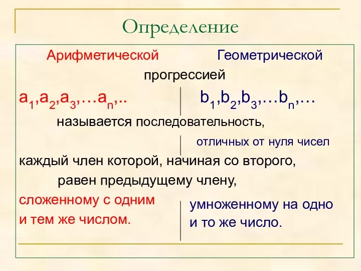 Определение Арифметической Геометрической прогрессией а1,а2,а3,…аn,.. b1,b2,b3,…bn,… называется последовательность, отличных от