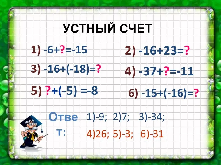 1) -6+?=-15 3) -16+(-18)=? 5) ?+(-5) =-8 2) -16+23=? 4)
