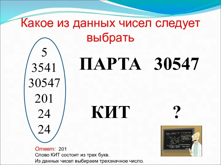 Какое из данных чисел следует выбрать Ответ: 201 Слово КИТ