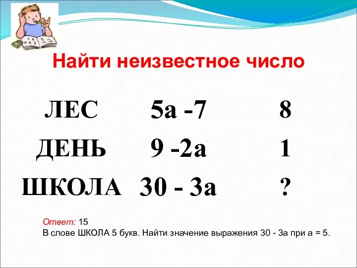 Найти неизвестное число Ответ: 15 В слове ШКОЛА 5 букв.