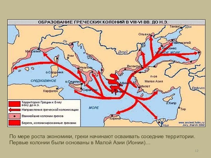 По мере роста экономики, греки начинают осваивать соседние территории. Первые