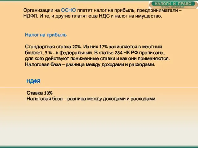 Организации на ОСНО платят налог на прибыль, предприниматели – НДФЛ.