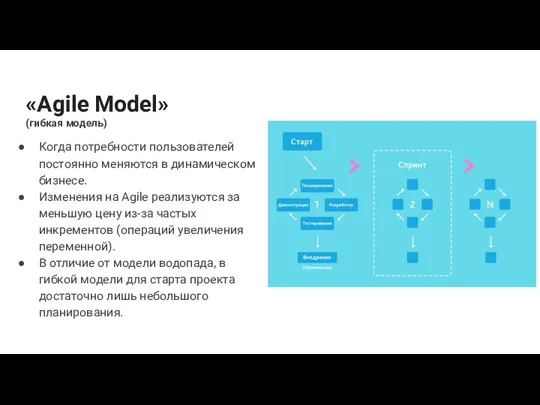 «Agile Model» (гибкая модель) Когда потребности пользователей постоянно меняются в