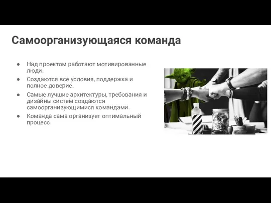 Самоорганизующаяся команда Над проектом работают мотивированные люди. Создаются все условия,