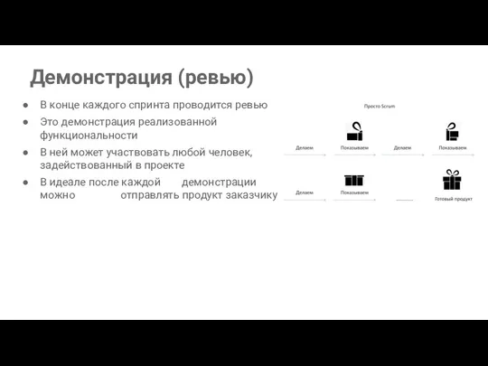 Демонстрация (ревью) В конце каждого спринта проводится ревью Это демонстрация