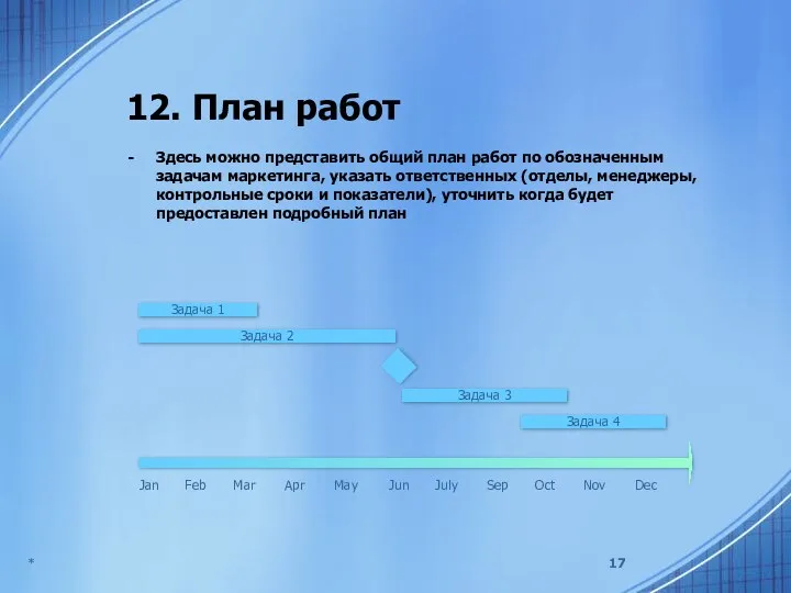 * 12. План работ Здесь можно представить общий план работ