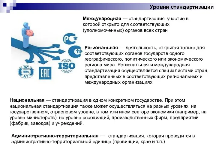 Уровни стандартизации Международная — стандартизация, участие в которой открыто для