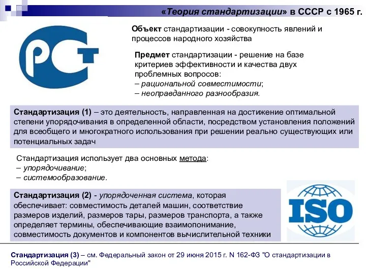 «Теория стандартизации» в СССР с 1965 г. Объект стандартизации -
