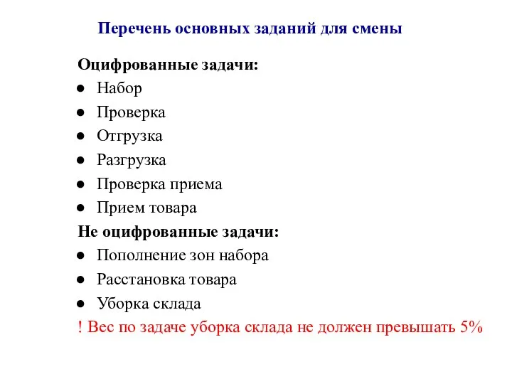 Перечень основных заданий для смены Оцифрованные задачи: Набор Проверка Отгрузка