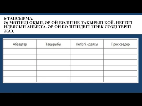 6-ТАПСЫРМА. Ә) МӘТІНДІ ОҚЫП, ӘР ОЙ БӨЛІГІНЕ ТАҚЫРЫП ҚОЙ. НЕГІЗГІ