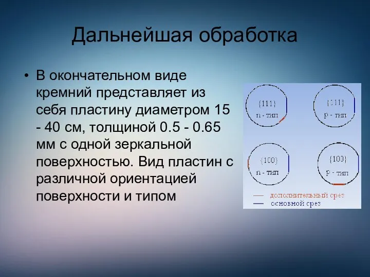 Дальнейшая обработка В окончательном виде кремний представляет из себя пластину