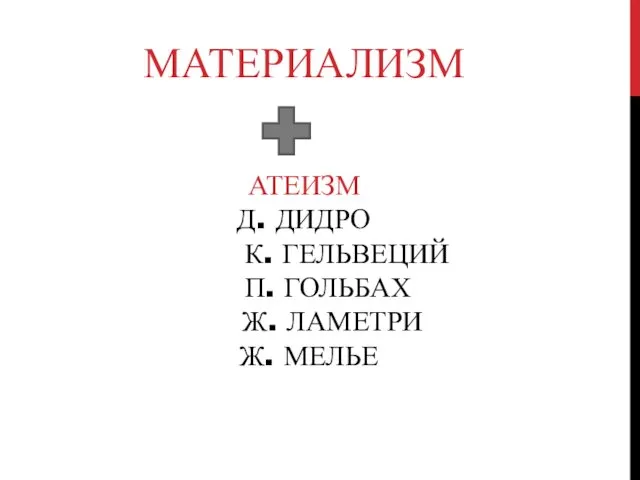 АТЕИЗМ Д. ДИДРО К. ГЕЛЬВЕЦИЙ П. ГОЛЬБАХ Ж. ЛАМЕТРИ Ж. МЕЛЬЕ МАТЕРИАЛИЗМ