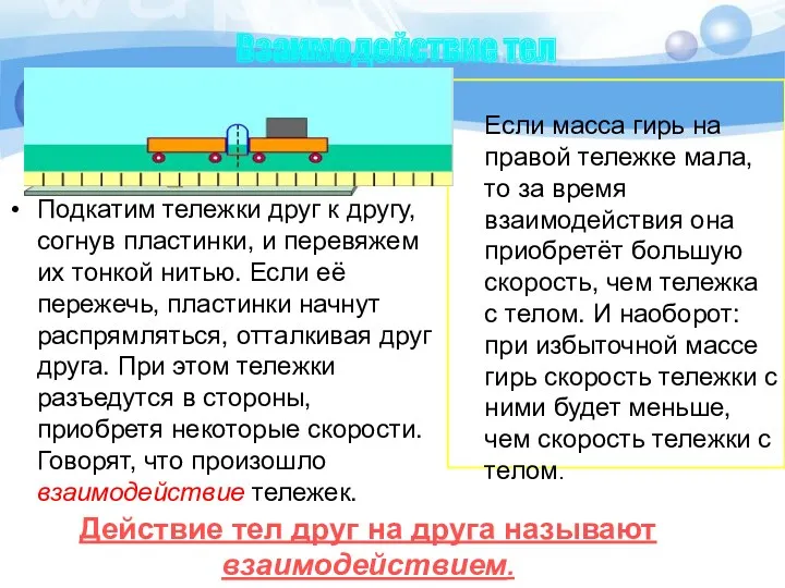 Взаимодействие тел Действие тел друг на друга называют взаимодействием. Если