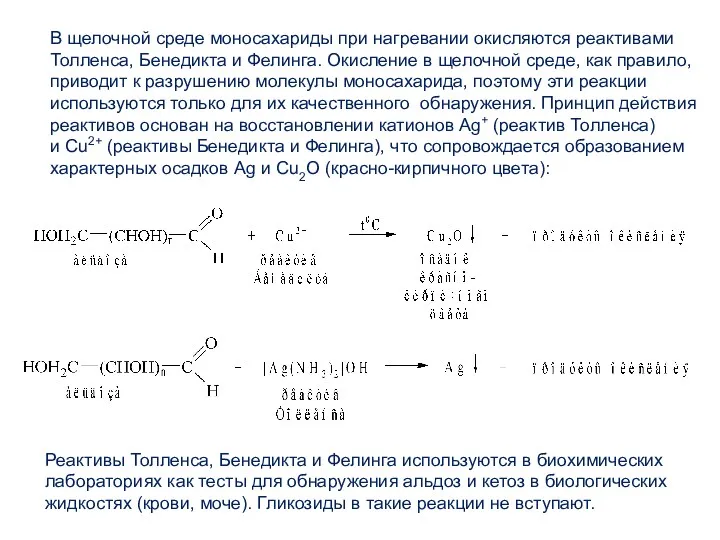 В щелочной среде моносахариды при нагревании окисляются реактивами Толленса, Бенедикта