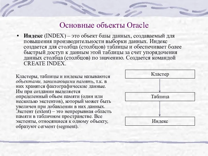 Основные объекты Oracle Индекс (INDEX) – это объект базы данных,