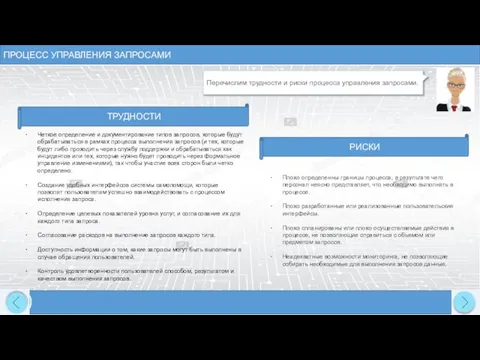 ПРОЦЕСС УПРАВЛЕНИЯ ЗАПРОСАМИ Перечислим трудности и риски процесса управления запросами.