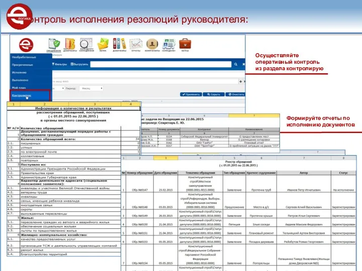 Контроль исполнения резолюций руководителя: Осуществляйте оперативный контроль из раздела контролирую Формируйте отчеты по исполнению документов