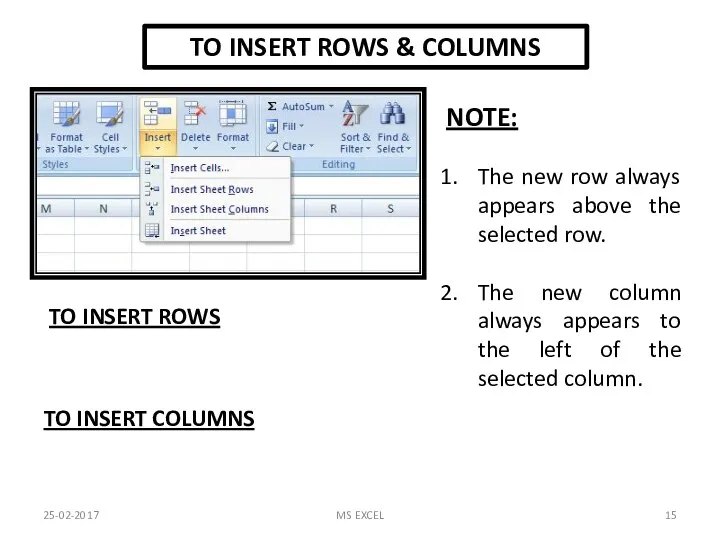 TO INSERT ROWS & COLUMNS TO INSERT ROWS TO INSERT COLUMNS NOTE: The
