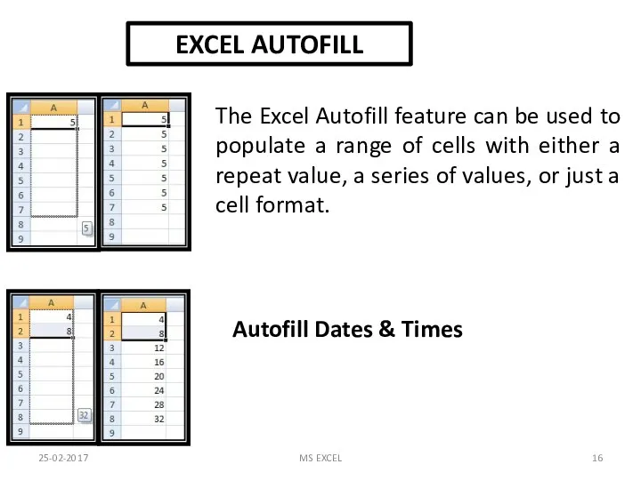 25-02-2017 MS EXCEL EXCEL AUTOFILL The Excel Autofill feature can