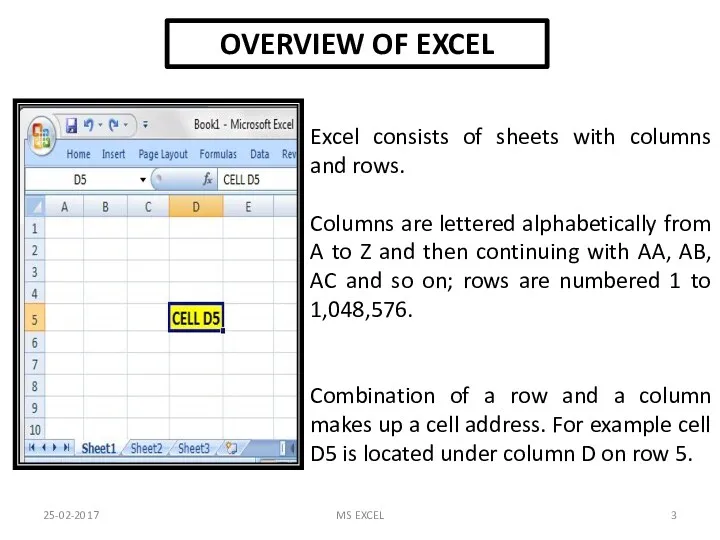 OVERVIEW OF EXCEL Excel consists of sheets with columns and