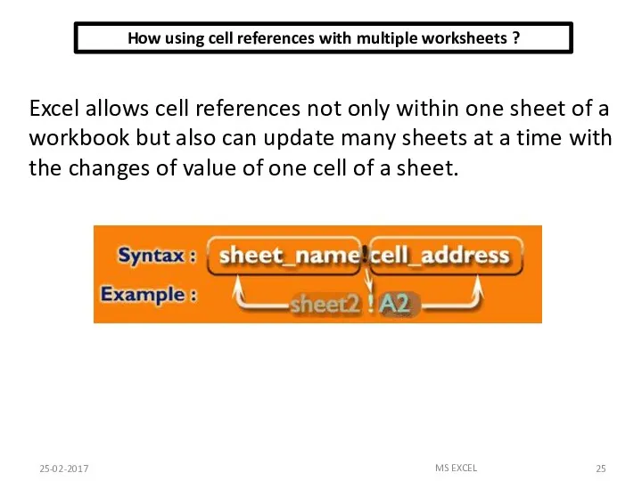 How using cell references with multiple worksheets ? 25-02-2017 MS EXCEL Excel allows