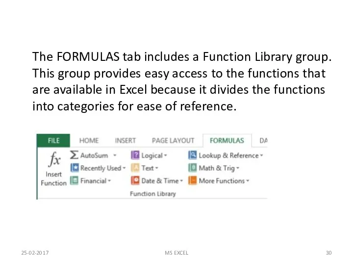 25-02-2017 MS EXCEL The FORMULAS tab includes a Function Library