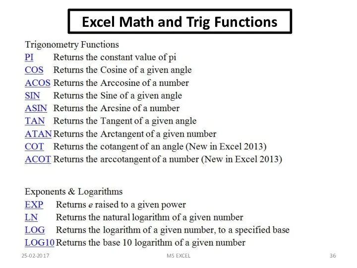 Excel Math and Trig Functions 25-02-2017 MS EXCEL