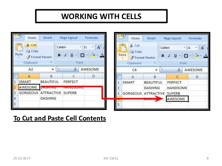 WORKING WITH CELLS To Cut and Paste Cell Contents 25-02-2017 MS EXCEL