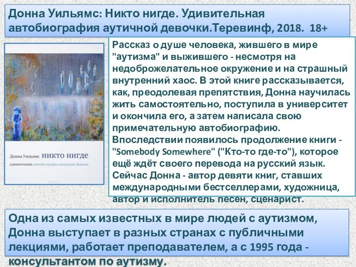 Донна Уильямс: Никто нигде. Удивительная автобиография аутичной девочки.Теревинф, 2018. 18+