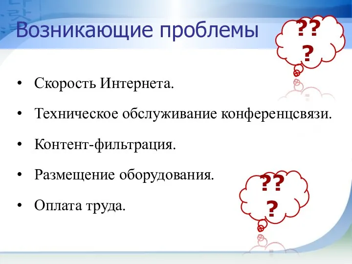 Возникающие проблемы Скорость Интернета. Техническое обслуживание конференцсвязи. Контент-фильтрация. Размещение оборудования. Оплата труда. ??? ???