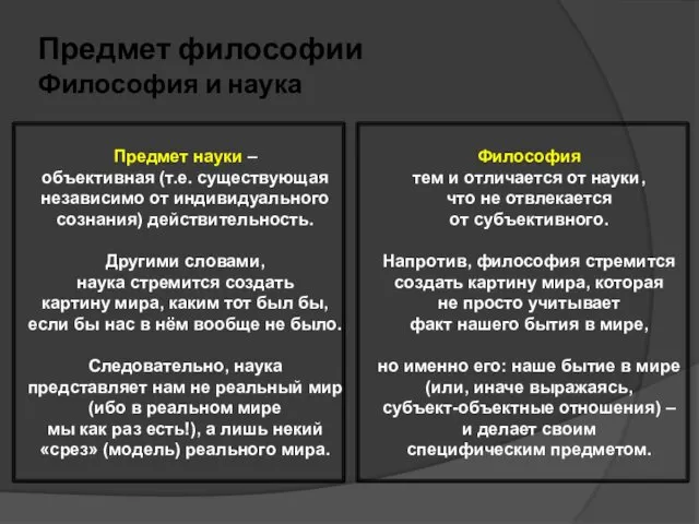 Предмет философии Философия и наука Предмет науки – объективная (т.е.