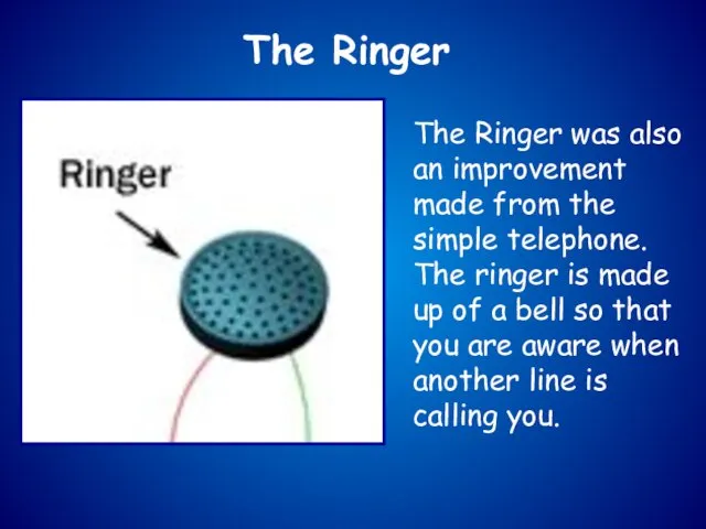 The Ringer The Ringer was also an improvement made from the simple telephone.