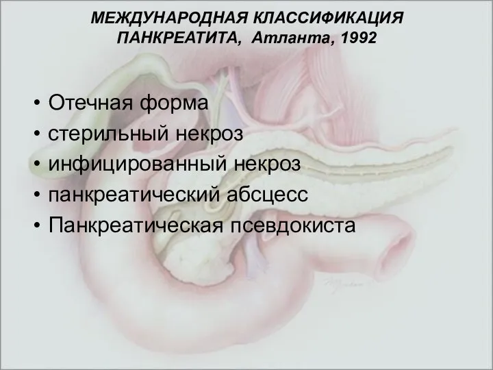 МЕЖДУНАРОДНАЯ КЛАССИФИКАЦИЯ ПАНКРЕАТИТА, Атланта, 1992 Отечная форма стерильный некроз инфицированный некроз панкреатический абсцесс Панкреатическая псевдокиста