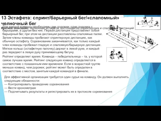 13 Эстафета: спринт/барьерный бег/«слаломный» челночный бег Краткое описание: челночная эстафета,